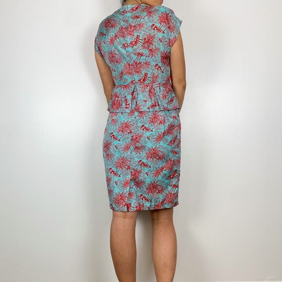 Nanette Lepore Teal & Red 100% Silk Peplum Waist Palm Print Dress Size 4 - Picture 5 of 13